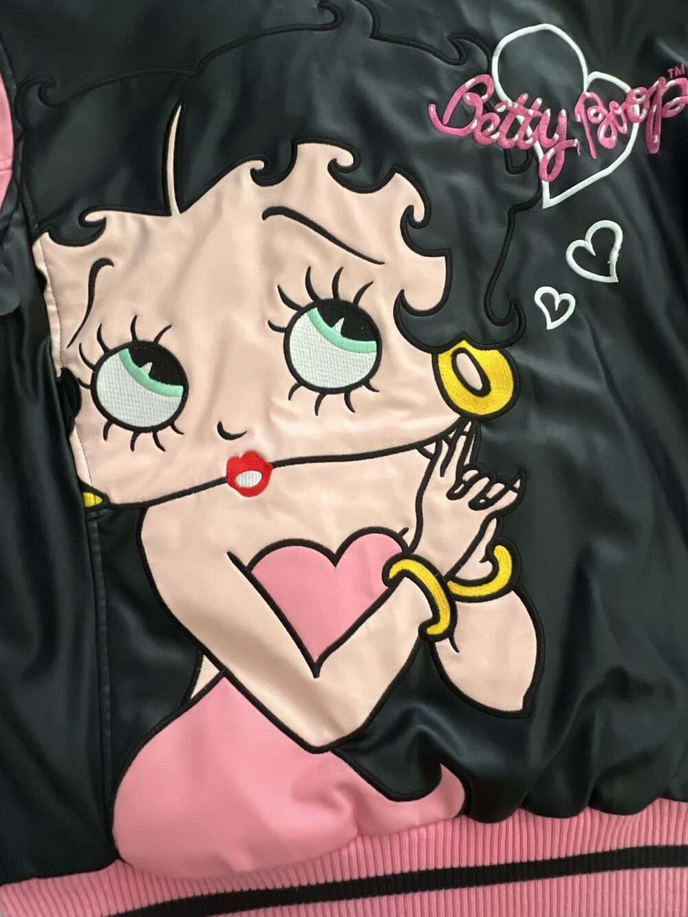 Betty Boop Authentic by Excelled Black and Pink Faux Leather Bomber Jacket